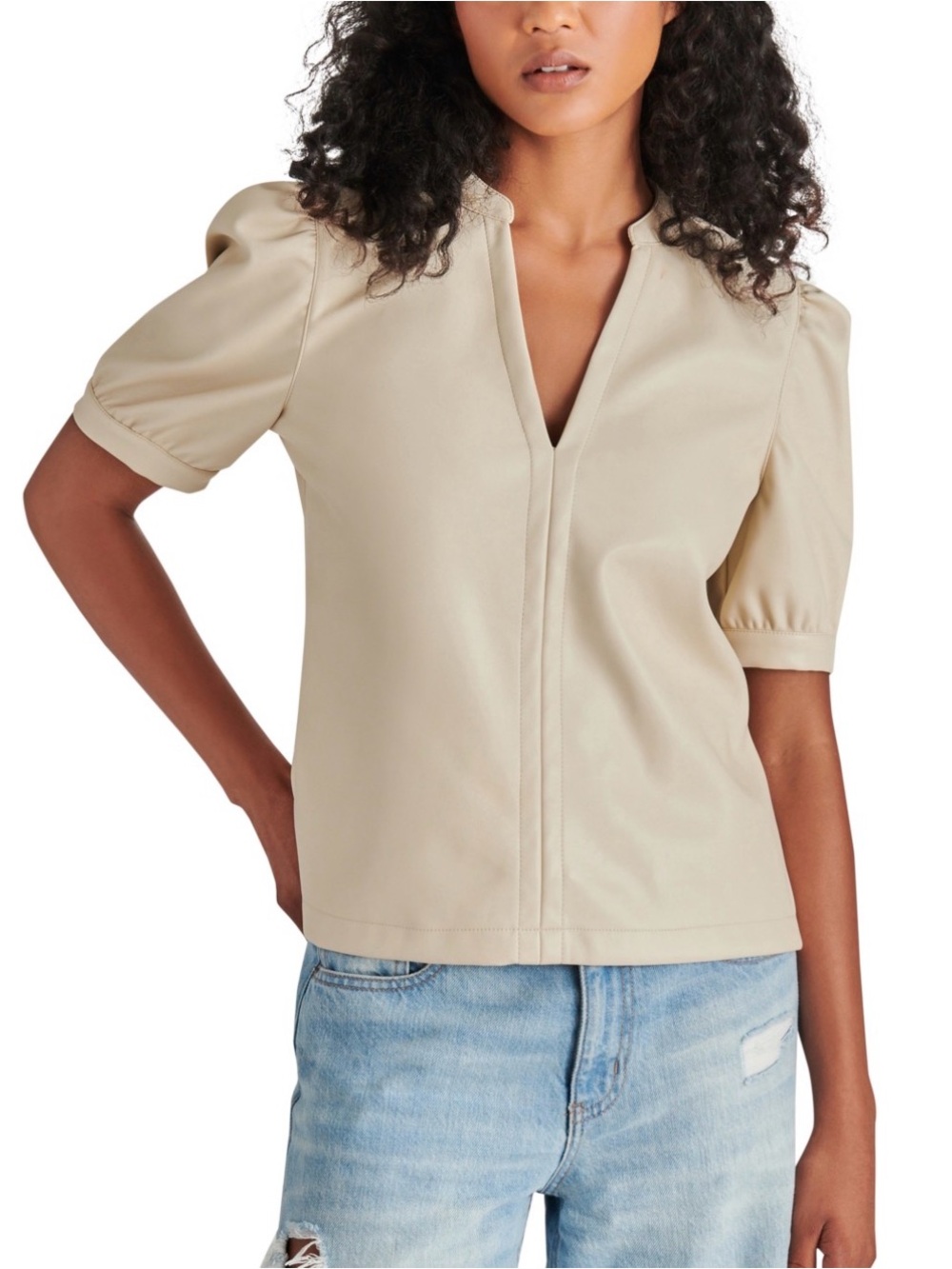 Steve Madden Beige V-Neck Puff-Sleeve Blouse